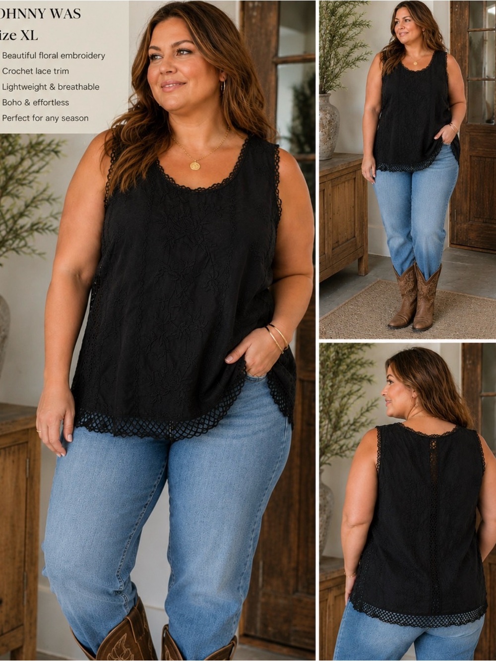 Johnny Was Black Crochet-Trim Floral Embroidered Tank